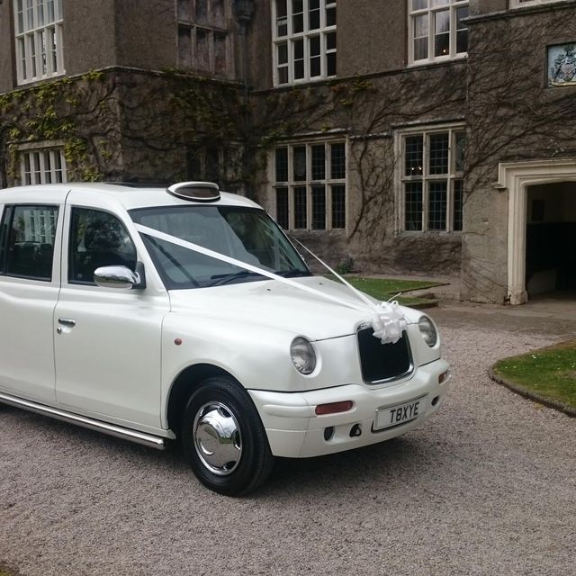Our white London taxi used for weddings 